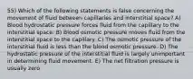 55) Which of the following statements is false concerning the movement of fluid between capillaries and interstitial space? A) Blood hydrostatic pressure forces fluid from the capillary to the interstitial space. B) Blood osmotic pressure moves fluid from the interstitial space to the capillary. C) The osmotic pressure of the interstitial fluid is less than the blood osmotic pressure. D) The hydrostatic pressure of the interstitial fluid is largely unimportant in determining fluid movement. E) The net filtration pressure is usually zero