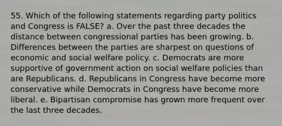 55. Which of the following statements regarding party politics and Congress is FALSE? a. Over the past three decades the distance between congressional parties has been growing. b. Differences between the parties are sharpest on questions of economic and social welfare policy. c. Democrats are more supportive of government action on social welfare policies than are Republicans. d. Republicans in Congress have become more conservative while Democrats in Congress have become more liberal. e. Bipartisan compromise has grown more frequent over the last three decades.