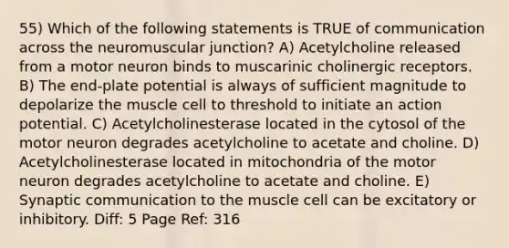 55) Which of the following statements is TRUE of communication across the neuromuscular junction? A) Acetylcholine released from a motor neuron binds to muscarinic cholinergic receptors. B) The end-plate potential is always of sufficient magnitude to depolarize the muscle cell to threshold to initiate an action potential. C) Acetylcholinesterase located in the cytosol of the motor neuron degrades acetylcholine to acetate and choline. D) Acetylcholinesterase located in mitochondria of the motor neuron degrades acetylcholine to acetate and choline. E) Synaptic communication to the muscle cell can be excitatory or inhibitory. Diff: 5 Page Ref: 316