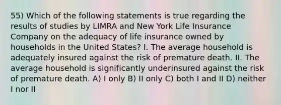 55) Which of the following statements is true regarding the results of studies by LIMRA and New York Life Insurance Company on the adequacy of life insurance owned by households in the United States? I. The average household is adequately insured against the risk of premature death. II. The average household is significantly underinsured against the risk of premature death. A) I only B) II only C) both I and II D) neither I nor II