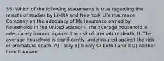 55) Which of the following statements is true regarding the results of studies by LIMRA and New York Life Insurance Company on the adequacy of life insurance owned by households in the United States? I. The average household is adequately insured against the risk of premature death. II. The average household is significantly underinsured against the risk of premature death. A) I only B) II only C) both I and II D) neither I nor II Answer