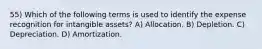 55) Which of the following terms is used to identify the expense recognition for intangible assets? A) Allocation. B) Depletion. C) Depreciation. D) Amortization.