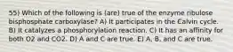 55) Which of the following is (are) true of the enzyme ribulose bisphosphate carboxylase? A) It participates in the Calvin cycle. B) It catalyzes a phosphorylation reaction. C) It has an affinity for both O2 and CO2. D) A and C are true. E) A, B, and C are true.