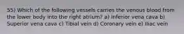55) Which of the following vessels carries the venous blood from the lower body into the right atrium? a) Inferior vena cava b) Superior vena cava c) Tibial vein d) Coronary vein e) Iliac vein