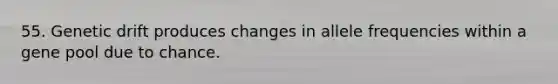 55. Genetic drift produces changes in allele frequencies within a gene pool due to chance.