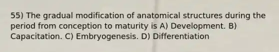 55) The gradual modification of anatomical structures during the period from conception to maturity is A) Development. B) Capacitation. C) Embryogenesis. D) Differentiation