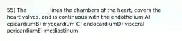 55) The ________ lines the chambers of the heart, covers the heart valves, and is continuous with the endothelium.A) epicardiumB) myocardium C) endocardiumD) visceral pericardiumE) mediastinum