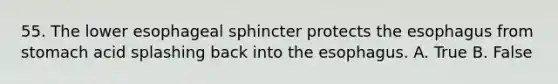 55. The lower esophageal sphincter protects the esophagus from stomach acid splashing back into the esophagus. A. True B. False