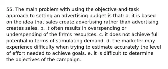 55. The main problem with using the objective-and-task approach to setting an advertising budget is that: a. it is based on the idea that sales create advertising rather than advertising creates sales. b. it often results in overspending or underspending of the firm's resources. c. it does not achieve full potential in terms of stimulating demand. d. the marketer may experience difficulty when trying to estimate accurately the level of effort needed to achieve goals. e. it is difficult to determine the objectives of the campaign.