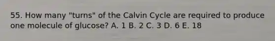 55. How many "turns" of the Calvin Cycle are required to produce one molecule of glucose? A. 1 B. 2 C. 3 D. 6 E. 18