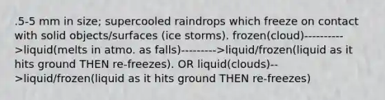 .5-5 mm in size; supercooled raindrops which freeze on contact with solid objects/surfaces (ice storms). frozen(cloud)---------->liquid(melts in atmo. as falls)--------->liquid/frozen(liquid as it hits ground THEN re-freezes). OR liquid(clouds)-->liquid/frozen(liquid as it hits ground THEN re-freezes)