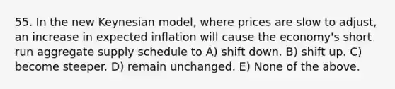 55. In the new Keynesian model, where prices are slow to adjust, an increase in expected inflation will cause the economy's short run aggregate supply schedule to A) shift down. B) shift up. C) become steeper. D) remain unchanged. E) None of the above.