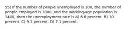 55) If the number of people unemployed is 100, the number of people employed is 1000, and the working-age population is 1400, then the unemployment rate is A) 6.6 percent. B) 10 percent. C) 9.1 percent. D) 7.1 percent.