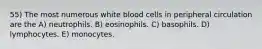 55) The most numerous white blood cells in peripheral circulation are the A) neutrophils. B) eosinophils. C) basophils. D) lymphocytes. E) monocytes.