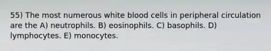 55) The most numerous white blood cells in peripheral circulation are the A) neutrophils. B) eosinophils. C) basophils. D) lymphocytes. E) monocytes.