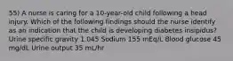 55) A nurse is caring for a 10-year-old child following a head injury. Which of the following findings should the nurse identify as an indication that the child is developing diabetes insipidus? Urine specific gravity 1.045 Sodium 155 mEq/L Blood glucose 45 mg/dL Urine output 35 mL/hr