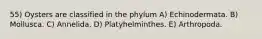 55) Oysters are classified in the phylum A) Echinodermata. B) Mollusca. C) Annelida. D) Platyhelminthes. E) Arthropoda.