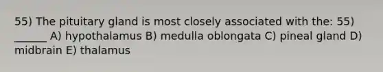 55) The pituitary gland is most closely associated with the: 55) ______ A) hypothalamus B) medulla oblongata C) pineal gland D) midbrain E) thalamus