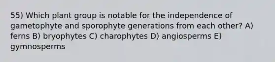 55) Which plant group is notable for the independence of gametophyte and sporophyte generations from each other? A) ferns B) bryophytes C) charophytes D) angiosperms E) gymnosperms