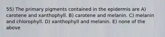 55) The primary pigments contained in the epidermis are A) carotene and xanthophyll. B) carotene and melanin. C) melanin and chlorophyll. D) xanthophyll and melanin. E) none of the above