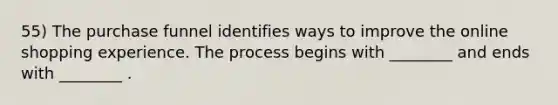 55) The purchase funnel identifies ways to improve the online shopping experience. The process begins with ________ and ends with ________ .