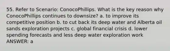 55. Refer to Scenario: ConocoPhillips. What is the key reason why ConocoPhillips continues to downsize? a. to improve its competitive position b. to cut back its deep water and Alberta oil sands exploration projects c. global financial crisis d. lower spending forecasts and less deep water exploration work ANSWER: a