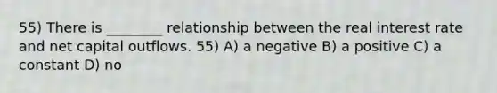 55) There is ________ relationship between the real interest rate and net capital outflows. 55) A) a negative B) a positive C) a constant D) no