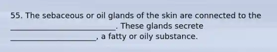 55. The sebaceous or oil glands of the skin are connected to the ___________________________. These glands secrete ______________________, a fatty or oily substance.