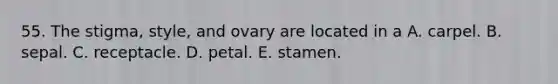 55. The stigma, style, and ovary are located in a A. carpel. B. sepal. C. receptacle. D. petal. E. stamen.