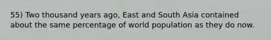 55) Two thousand years ago, East and South Asia contained about the same percentage of world population as they do now.