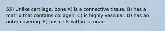 55) Unlike cartilage, bone A) is a connective tissue. B) has a matrix that contains collagen. C) is highly vascular. D) has an outer covering. E) has cells within lacunae.