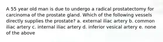 A 55 year old man is due to undergo a radical prostatectomy for carcinoma of the prostate gland. Which of the following vessels directly supplies the prostate? a. external iliac artery b. common iliac artery c. internal iliac artery d. inferior vesical artery e. none of the above