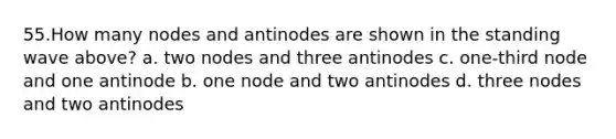 55.How many nodes and antinodes are shown in the standing wave above? a. two nodes and three antinodes c. one-third node and one antinode b. one node and two antinodes d. three nodes and two antinodes