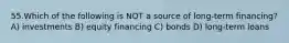 55.Which of the following is NOT a source of long-term financing? A) investments B) equity financing C) bonds D) long-term loans