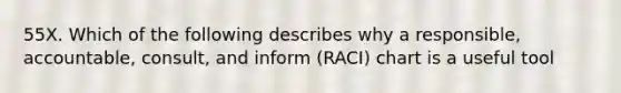 55X. Which of the following describes why a responsible, accountable, consult, and inform (RACI) chart is a useful tool