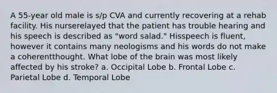 A 55-year old male is s/p CVA and currently recovering at a rehab facility. His nurserelayed that the patient has trouble hearing and his speech is described as "word salad." Hisspeech is fluent, however it contains many neologisms and his words do not make a coherentthought. What lobe of the brain was most likely affected by his stroke? a. Occipital Lobe b. Frontal Lobe c. Parietal Lobe d. Temporal Lobe