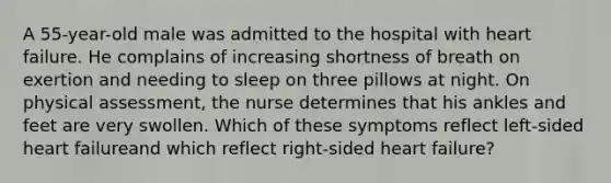 A 55-year-old male was admitted to the hospital with heart failure. He complains of increasing shortness of breath on exertion and needing to sleep on three pillows at night. On physical assessment, the nurse determines that his ankles and feet are very swollen. Which of these symptoms reflect left-sided heart failureand which reflect right-sided heart failure?