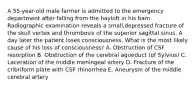 A 55-year-old male farmer is admitted to the emergency department after falling from the hayloft in his barn. Radiographic examination reveals a small,depressed fracture of the skull vertex and thrombosis of the superior sagittal sinus. A day later the patient loses consciousness. What is the most likely cause of his loss of consciousness? A. Obstruction of CSF resorption B. Obstruction of the cerebral aqueduct (of Sylvius) C. Laceration of the middle meningeal artery D. Fracture of the cribriform plate with CSF rhinorrhea E. Aneurysm of the middle cerebral artery