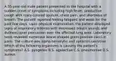 A 55-year-old male patient presented to the hospital with a sudden onset of symptoms including high fever, productive cough with rusty-colored sputum, chest pain, and shortness of breath. The patient reported feeling fatigued and weak for the past few days. Upon physical examination, the patient displayed signs of respiratory distress with decreased breath sounds and dullness upon percussion over the affected lung area. Laboratory tests revealed numerous lancet-shaped gram-positive cocci in pairs. The culture was alpha-hemolytic and optochin-sensitive. Which of the following organisms is causing the patient's symptoms? A.S. pyogenes B.S. agalactiae C.S. pneumoniae D.S. aureus