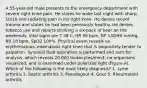 A 55-year-old male presents to the emergency department with severe right knee pain. He states he woke last night with sharp, 10/10 non-radiating pain in his right knee. He denies recent trauma and states he had been previously healthy. He denies tobacco use and reports drinking a six-pack of beer on the weekends. Vital signs are T 38 C, HR 95 bpm, BP 140/90 mmHg, RR 18 bpm, SpO2 100%. Physical exam reveals an erythematous, edematous right knee that is exquisitely tender to palpation. Synovial fluid aspiration is performed and sent for analysis, which reveals 20,000 leukocytes/mm3, no organisms visualized, and is examined under polarized light (Figure A). Which of the following is the most likely diagnosis? 1. Lyme arthritis 2. Septic arthritis 3. Pseudogout 4. Gout 5. Rheumatoid arthritis