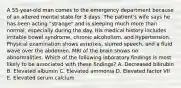 A 55-year-old man comes to the emergency department because of an altered mental state for 3 days. The patient's wife says he has been acting "strange" and is sleeping much more than normal, especially during the day. His medical history includes irritable bowel syndrome, chronic alcoholism, and hypertension. Physical examination shows asterixis, slurred speech, and a fluid wave over the abdomen. MRI of the brain shows no abnormalities. Which of the following laboratory findings is most likely to be associated with these findings? A. Decreased bilirubin B. Elevated albumin C. Elevated ammonia D. Elevated factor VII E. Elevated serum calcium