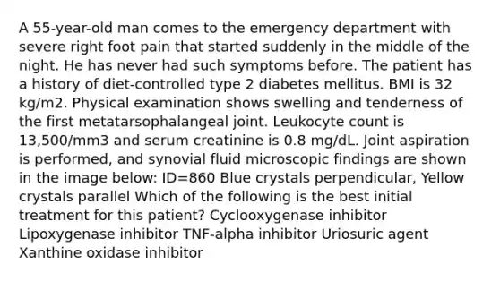 A 55-year-old man comes to the emergency department with severe right foot pain that started suddenly in the middle of the night. He has never had such symptoms before. The patient has a history of diet-controlled type 2 diabetes mellitus. BMI is 32 kg/m2. Physical examination shows swelling and tenderness of the first metatarsophalangeal joint. Leukocyte count is 13,500/mm3 and serum creatinine is 0.8 mg/dL. Joint aspiration is performed, and synovial fluid microscopic findings are shown in the image below: ID=860 Blue crystals perpendicular, Yellow crystals parallel Which of the following is the best initial treatment for this patient? Cyclooxygenase inhibitor Lipoxygenase inhibitor TNF-alpha inhibitor Uriosuric agent Xanthine oxidase inhibitor