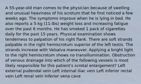 A 55-year-old man comes to the physician because of swelling and unusual heaviness of his scrotum that he first noticed a few weeks ago. The symptoms improve when he is lying in bed. He also reports a 5-kg (11-lbs) weight loss and increasing fatigue over the past 6 months. He has smoked 1 pack of cigarettes daily for the past 15 years. Physical examination shows tenderness to palpation of his right flank. There are soft strands palpable in the right hemiscrotum superior of the left testis. The strands increase with Valsalva maneuver. Applying a bright light to the right hemiscrotum shows no transillumination. Obstruction of venous drainage into which of the following vessels is most likely responsible for this patient's scrotal enlargement? Left external pudendal vein Left internal iliac vein Left inferior rectal vein Left renal vein Inferior vena cava