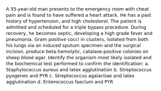 A 55-year-old man presents to the emergency room with cheat pain and is found to have suffered a heart attack. He has a past history of hypertension, and high cholesterol. The patient is admitted and scheduled for a triple bypass procedure. During recovery, he becomes septic, developing a high grade fever and pneumonia. Gram positive cocci in clusters, isolated from both his lungs via an induced sputum specimen and the surgical incision, produce beta-hemolytic, catalase-positive colonies on sheep blood agar. Identify the organism most likely isolated and the biochemical test performed to confirm the identification: a. Staphylococcus aureus and latex agglutination b. Streptococcus pyogenes and PYR c. Streptococcus agalactiae and latex agglutination d. Enterococcus faeclum and PYR