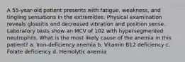 A 55-year-old patient presents with fatigue, weakness, and tingling sensations in the extremities. Physical examination reveals glossitis and decreased vibration and position sense. Laboratory tests show an MCV of 102 with hypersegmented neutrophils. What is the most likely cause of the anemia in this patient? a. Iron-deficiency anemia b. Vitamin B12 deficiency c. Folate deficiency d. Hemolytic anemia