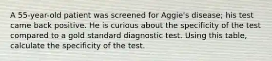 A 55-year-old patient was screened for Aggie's disease; his test came back positive. He is curious about the specificity of the test compared to a gold standard diagnostic test. Using this table, calculate the specificity of the test.