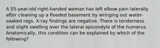 A 55-year-old right-handed woman has left elbow pain laterally after cleaning up a flooded basement by wringing out water-soaked rags. X-ray findings are negative. There is tenderness and slight swelling over the lateral epicondyle of the humerus. Anatomically, this condition can be explained by which of the following?