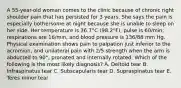 A 55-year-old woman comes to the clinic because of chronic right shoulder pain that has persisted for 3 years. She says the pain is especially bothersome at night because she is unable to sleep on her side. Her temperature is 36.7°C (98.2°F), pulse is 60/min, respirations are 16/min, and blood pressure is 136/88 mm Hg. Physical examination shows pain to palpation just inferior to the acromion, and unilateral pain with 2/5 strength when the arm is abducted to 90°, pronated and internally rotated. Which of the following is the most likely diagnosis? A. Deltoid tear B. Infraspinatus tear C. Subscapularis tear D. Supraspinatus tear E. Teres minor tear