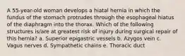 A 55-year-old woman develops a hiatal hernia in which the fundus of the stomach protrudes through the esophageal hiatus of the diaphragm into the thorax. Which of the following structures is/are at greatest risk of injury during surgical repair of this hernia? a. Superior epigastric vessels b. Azygos vein c. Vagus nerves d. Sympathetic chains e. Thoracic duct