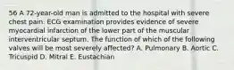 56 A 72-year-old man is admitted to the hospital with severe chest pain. ECG examination provides evidence of severe myocardial infarction of the lower part of the muscular interventricular septum. The function of which of the following valves will be most severely affected? A. Pulmonary B. Aortic C. Tricuspid D. Mitral E. Eustachian
